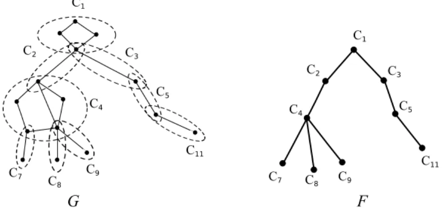 Figure 10: This graph G is an induced subgraph of the graph in Figure 9. Its block tree F , with root C 1 , has two blocks less than the one in Figure 9 (the blocks C 6 and C 10 )