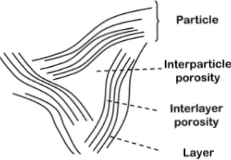 Figure 1. Schematic view of pores in clays. The stacking of clay layers forms particles containing interlayer pores (≤nm)