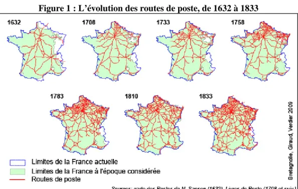 Figure 1 : L’évolution des routes de poste, de 1632 à 1833 