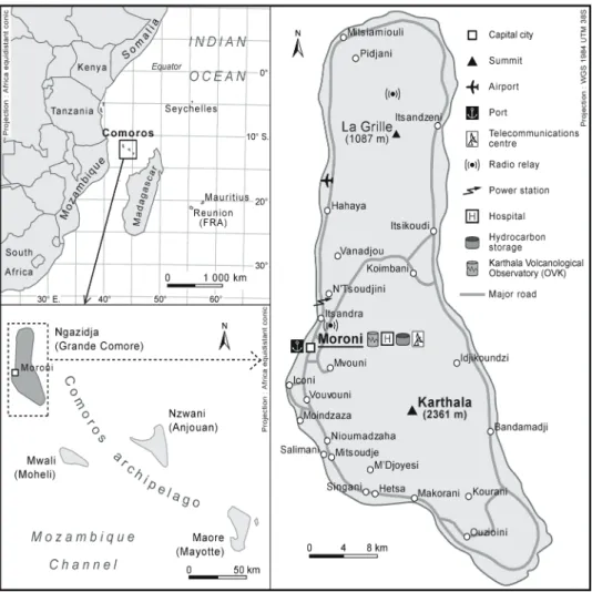 Figure 1 - Location of the Comoros archipelago (relative to the East  African coast), the archipelago and Grande Comore Island (and its 