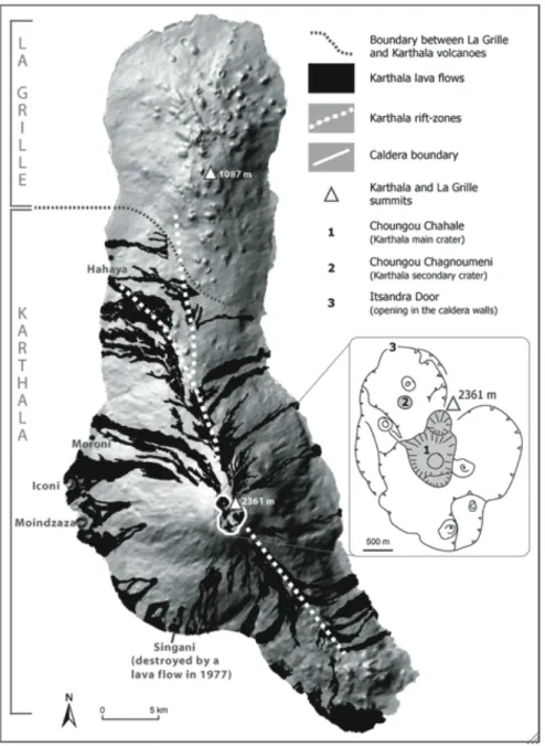 Figure 2 - Main geological settings of Grande Comore Island and  Karthala caldera (after Bachèlery et al, 1993) 