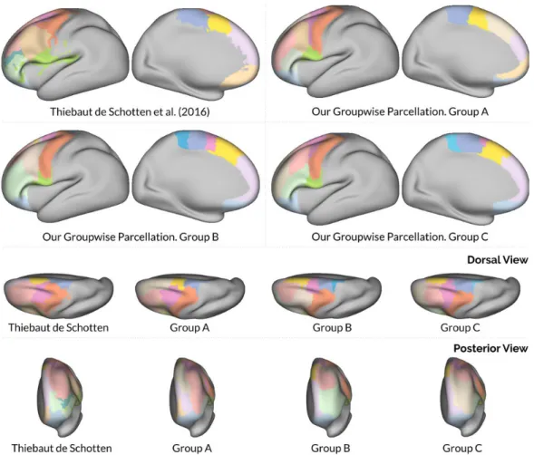 Figure 7: Thiebaut de Schotten et al. (2016) parcellation (top-left) and our frontal lobe groupwise parcellations computed over 3 disjoint groups of subjects