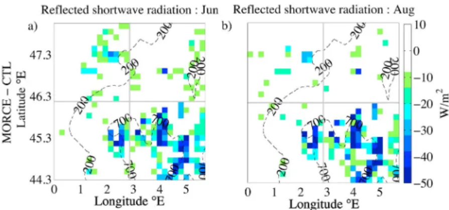 Figure 7. Similar to Figure 5 for the reflected shortwave radiation in (a) June 2003 and (b) August 2003.