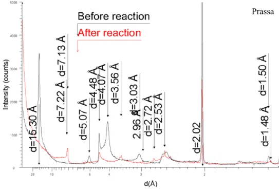 Figure 7. X-Ray diffractograms of the Prassa-Fe(0) mixture before and after reaction at 80°C 1005 