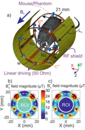 FIG. 2. Design of the opencage coil inside the MRI bore (a). The geometrical parameters of the opencage coil are the following: R s ¼ 22.5 mm, R c ¼ 17.5 mm, L s ¼ 50 mm, L c ¼ 40 mm, w ¼ 2.5 mm, and w 1 ¼ 5 mm