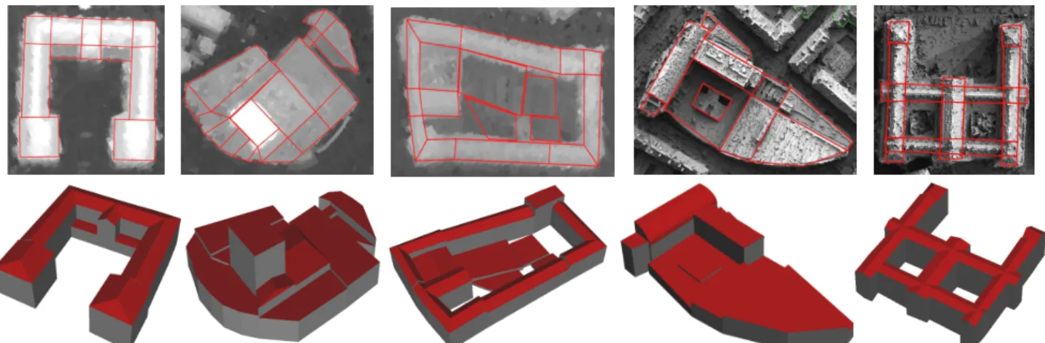 Figure 7. Reconstructed buildings with interactive 2D extraction from satellite data (3 first examples) and 0