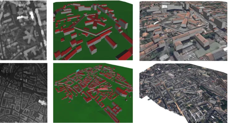 Figure 8. Urban area reconstruction without and with textures ( 3 rd / 2 nd columns) from satellite data ( 1 st row) and aerial data ( 2 nd row), DEMs ( 1 st column).