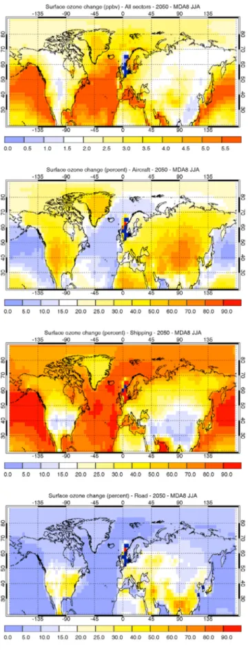 Figure 1. Maximum daily 8h-average (MDA8) change in surface ozone in June–July–August 2050 associated with the total three transport sector future emissions under A1B scenario (ppbv)