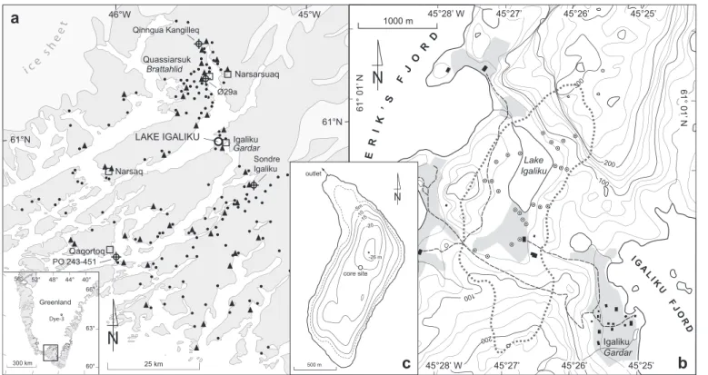 Fig. 1. (a) Map of the Norse Eastern Settlement showing the location of Igaliku/Garðar, Norse ruins groups (dots), modern farms (triangles); core PO 243-451 in outer Igaliku Fjord (Jensen et al., 2004; Lassen et al., 2004) and ruin group Ø39 and Ø29b (cros