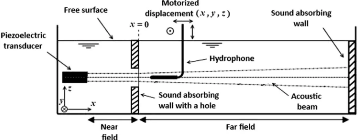 FIG. 1. Experimental configuration (side view); the sound-absorbing wall with the hole is covered with a plastic film to impose a no-slip boundary condition for the hydrodynamic flow