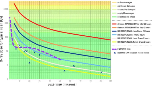 Figure 8.  Conventional μCT X-ray dose and associated aDNA damages. Typical water surface equivalent  X-ray dose and associated degradation level of aDNA for conventional  μ  CT experiments depending on source  parameters, filters, voxel size and scan dura