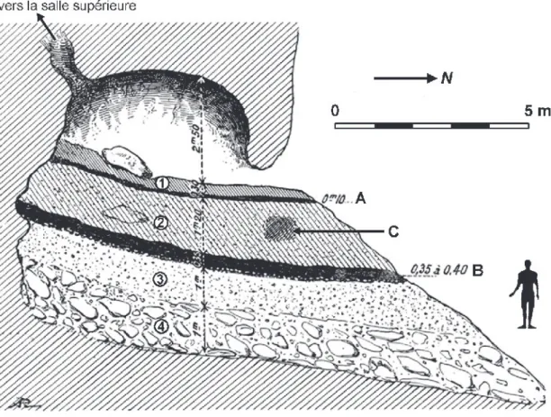 Fig. 3 – Coupe stratigraphique de la grotte des Scilles. 1 : terre végétale ; 2 : argile rouge ; 3 : sable ; 4 : éboulis