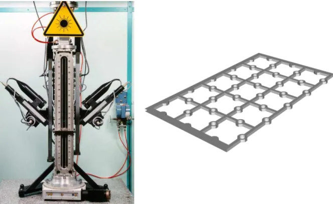 Fig. 1: The AGATE test section with the measuring devices (left) and the lower grid 5x3 (right)