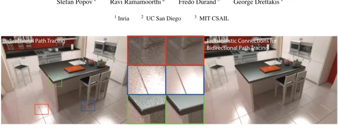 Figure 1: Our Probabilistic Connections for Bidirectional Path Tracing approach importance samples connections to an eye sub-path, and greatly reduces variance, by considering and reusing multiple light sub-paths at once