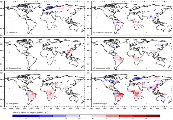 Fig. 6. Map of emission difference (Gg CH 4 gridcell −1 yr −1 ) of fluxes before and after optimisation for the LPJ scenario SC2 in 2004 using TM5-4Dvar