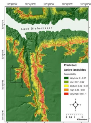 Figure 6: Spatial distribution of susceptibility of badlands and gullies showing active landslides using  MaxEnt and the 15, SGIC DEM