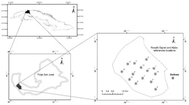 Figure 1: Location of the towns Rosafé Signet and Aljibe in the polje San José de Las Lajas