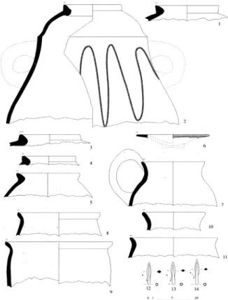 Fig. 6. La Rábita, Guardamar del Segura (Alicante): ma- ma-terial de la fase V (550-525 a.C): ánfora fenicia de occidente  (1-2), ánfora ibérica (3-5), barniz rojo (6), cerámica de  co-cina a tomo (8-9), cerámica común a tomo (7 y 9-10),  bron-ce (12-14)