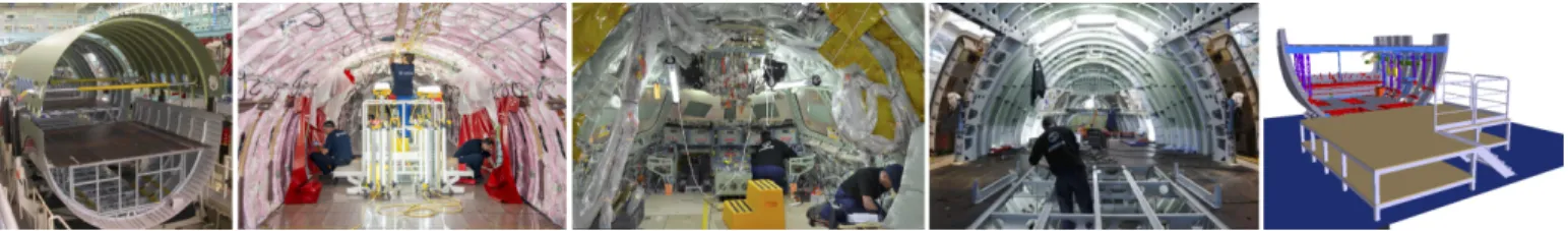 Fig. 1: Examples of the working areas and conditions in aircraft manufacturing sites. From left to right: cargo area; kneeling and using a small ladder to access the roof; cockpit area; removal of temporary floor to access in between levels; finally, CAD d