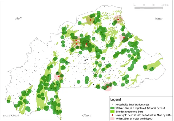 Figure 2: Location of enumeration areas for household surveys and mines (both industrial and artisanal)