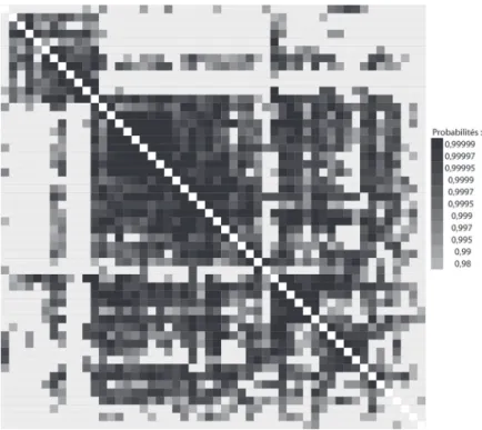 Fig. 12  – Matrice carrée des probabilités  associées aux coefficients t de Student, des  52 séries de sapin datées, provenant des solives  des plafonds à poutres et solives apparentes  (transformation par la méthode du Corridor)