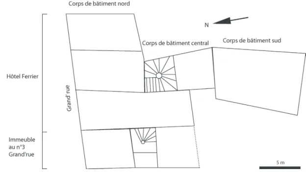 Fig. 1  – Plan de l’hôtel Ferrier et de l’immeuble au n° 3 Grand’ rue   (L. Shindo, d’après Tissot 2013, V2, annexe V).