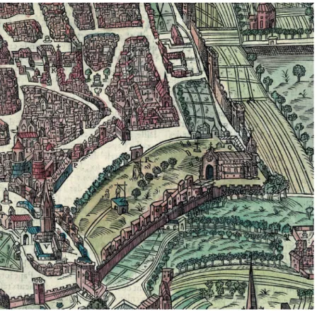 Fig. 2  – Le quartier Bellegarde et la place  des Prêcheurs au XVI e  siècle (extrait du plan  d’Aix-en-Provence par François de Belleforest,  1573-1575)