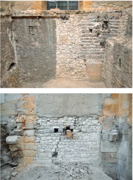 Fig. 6  – Vestiges du mur gouttereau médiéval,  présents dans les combles de la cinquième travée  du bas-côté sud (cl