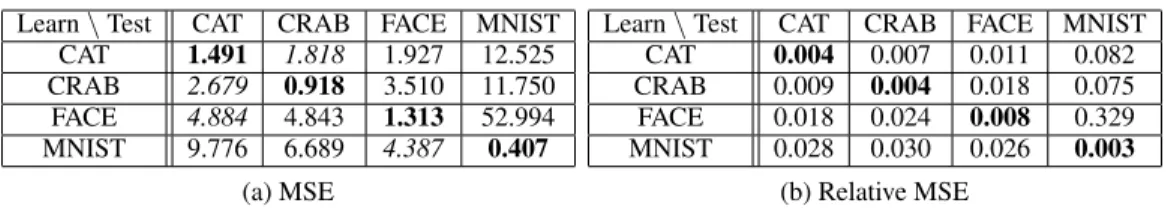 Table 1: Cross performance between the DWE embedding learned on each datasets. On each row, we observe the MSE (table a) and relative MSE (table b) on the test set of each dataset given a DWL (Cat, Crab, Faces and MNIST).