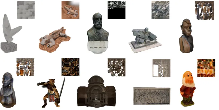 Figure 14: Gallery of input textured meshes used for measuring performances (number of vertices / mesh size in MB / texture size in MB)