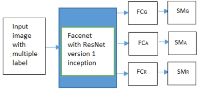 Fig. 1. Block diagram of proposed MTCNN for face attribute analysis (F C R = fully connected layer of race classification task, F C A = fully connected layer of age  classifi-cation task, F C G = fully connected layer of gender classification task, SM R = 