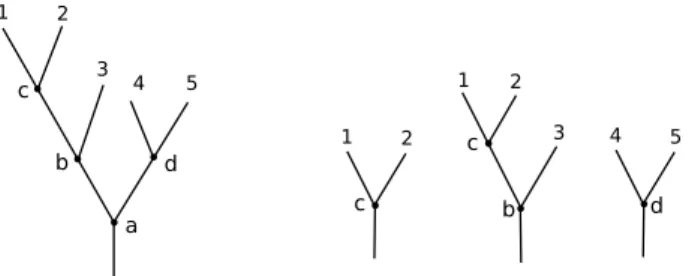 FIG. 1: A tree with its labelled leaves and its three proper subtrees. The inner vertices are labelled a, b, c and d