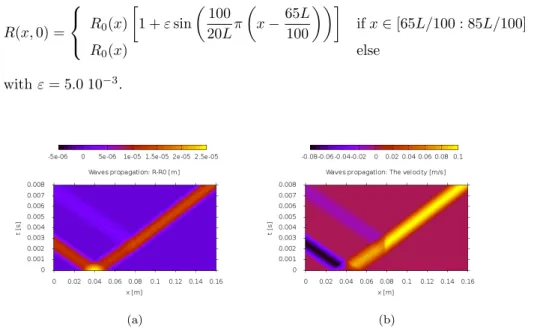 Figure 10: From an expansion, the propagation of an initial pulse in space and time: (a) radius and (b) velocity (colors online).