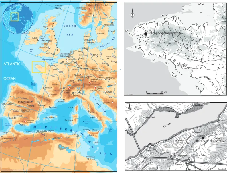 Fig 1. Location of Le Rocher de l’Impe´ratrice rock-shelter (Europe map from Geoatlas, Brittany and local maps L