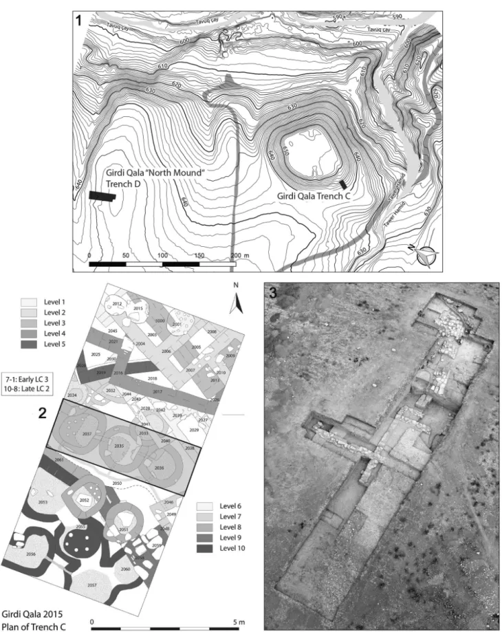 Fig. 5 – Girdi Qala (CAD H. Naccaro; Qara Dagh Archaeological Mission). 1. Plan of trench C on the  main mound; 2