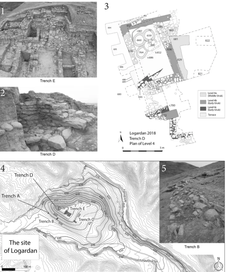 Fig. 6 – Logardan. 1. Trench E, gate of the citadel; 2-3. Trench D, monumental complex; 4. Topographical  plan of the site; 5. Trenches A-B, stone ramp (CAD H