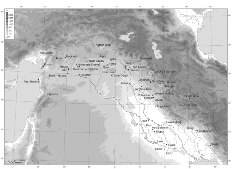 Fig. 1a – Sites mentioned in the text and geographical location of the Qara Dagh area (background map and CAD M
