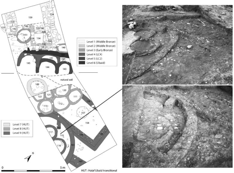 Fig. 2 – Trench C at Logardan: plan and photos of levels 9-7 Halaf-Ubaid transition (CAD H