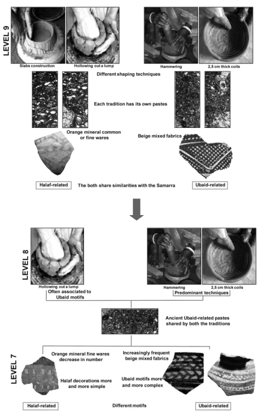 Fig. 4 – Process of techno-petrographic acculturation of the  ceramics at Logardan trench C levels 9-7 (CAD J.S