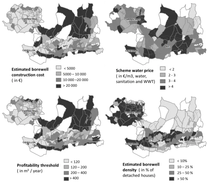 Figure 3. Bore-well construction price, scheme-water price, profitability threshold, and bore-well density in the  Calavon river basin and the Miocene aquifer basin, Vaucluse county, Southern France