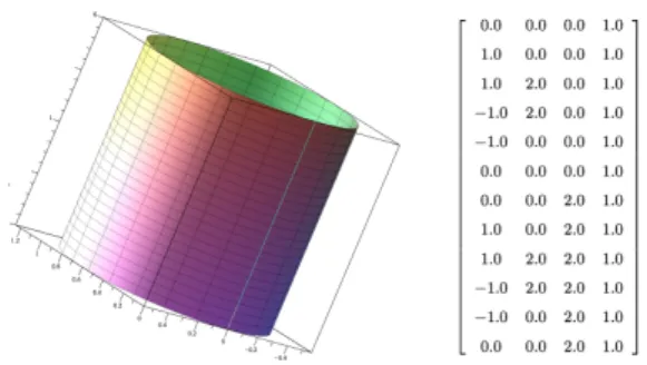 Figure 2: Degenerate case in inversion. A B´ezier patch of degree (5, 1) with a seam edge and its control point matrix