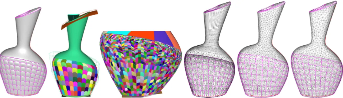 Figure 9: Perfume bottle. Top: input model, 255 NURBS surfaces, closeup on the B´ezier patches (3786 overall)