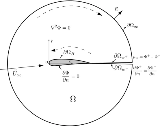Figure 1: A hydrofoil in a incoming uniform stream with velocity U ~ ∞ along with its wake boundary ∂Ω w 