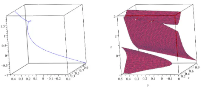 Figure 3: The figures depict the branch of the curve from Example 4 between the two poles (Left) and one of the surfaces computed by the algorithm (Right)