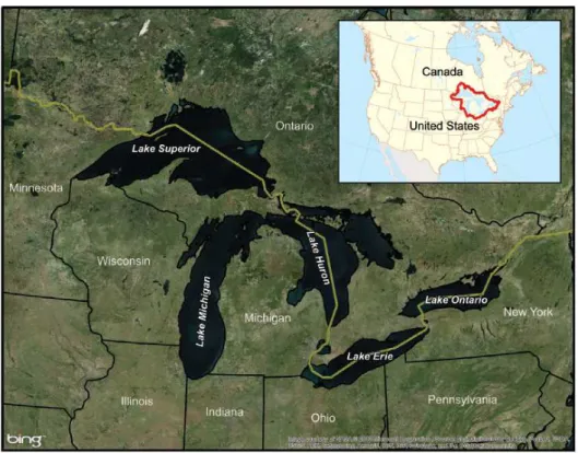 Figure 9.1 – Image satellite des grands lacs laurentiens. La ligne jaune représente la frontière entre le Canada et les Etats- Etats-Unis