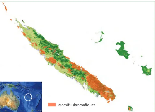 Figure 2.1 : Situation de la Nouvelle-Calédonie dans le Pacifique Sud et localisation des massifs de roches  ultramafiques