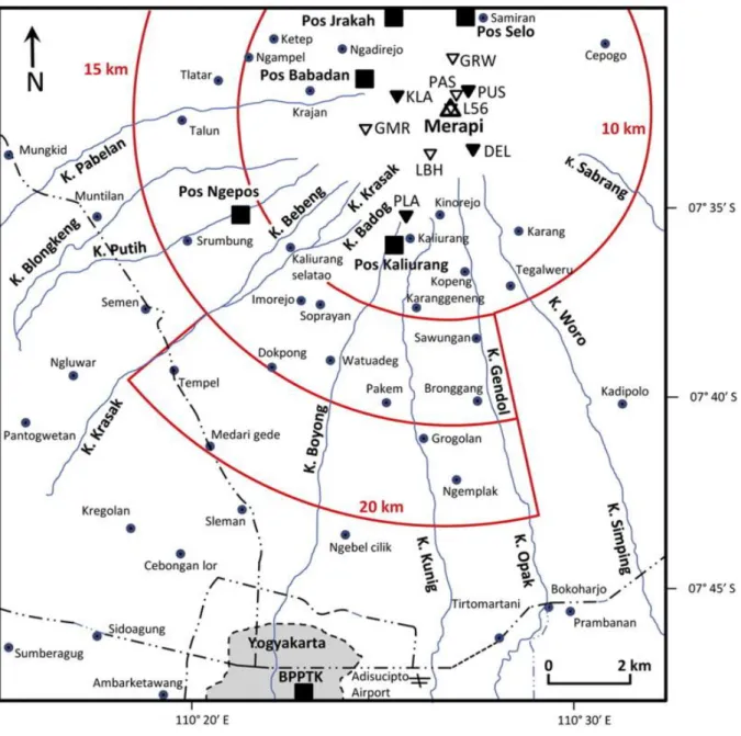 Fig. 1. Index map showing location of Merapi volcano summit and other features referred to in the  text, e.g., observatory post stations (“Pos” in Indonesian), the Merapi Observatory and Technology  Center (BPPTK), major drainages (abbreviated “K.” for “Ka