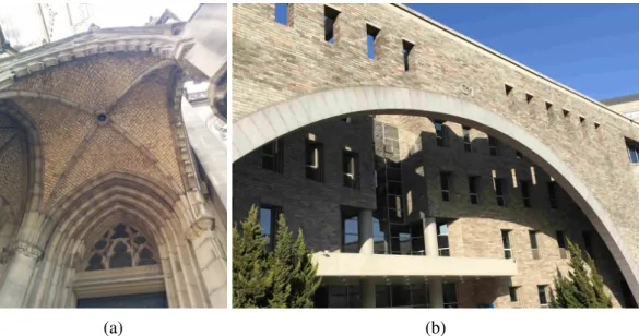 Figure 1: Masonry architectures with self-supporting surfaces. (a) A typical quadripartite vault at an entrance of Mariendom, Linz