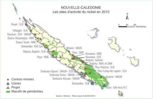 Figure 1.2 : Répartition des sites d’activité du nickel en 2010.