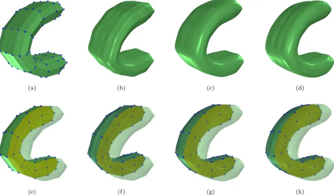 Figure 2: Examples of the push-back method with different parameters. (a) and (e): The original mesh; (b) and (f): inter- inter-polatory subdivision volume with λ ij = 0.05, µ F = 0.05 and γ C = 0.05; (c) and (g): interpolatory subdivision volume with λ ij